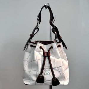 Dooney & Burke Women's Croc Embossed Drawstring Bucket Shoulder Bag White/Brown